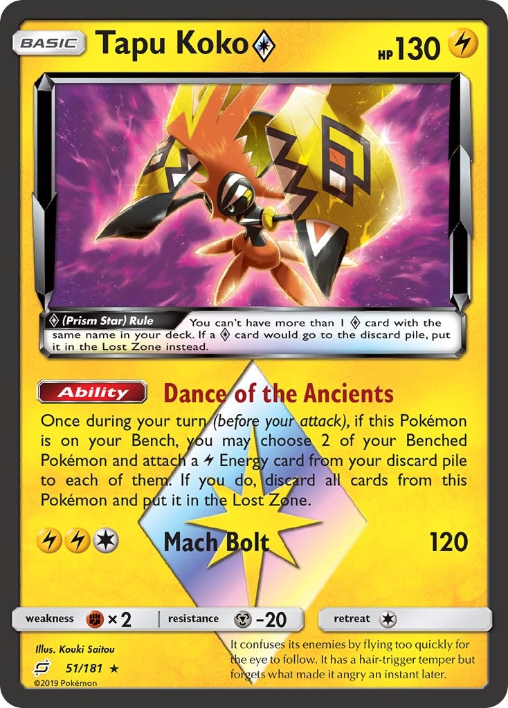 Pokemon Card TCG - Tapu Koko 51/181 (Prism Star Rare) - Team Up - NM/M