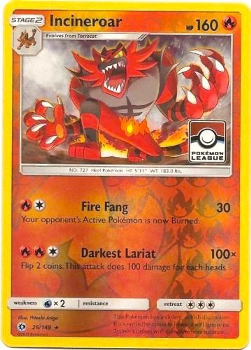 Incineroar - 26/149 (Pokemon League) — League & Championship Cards