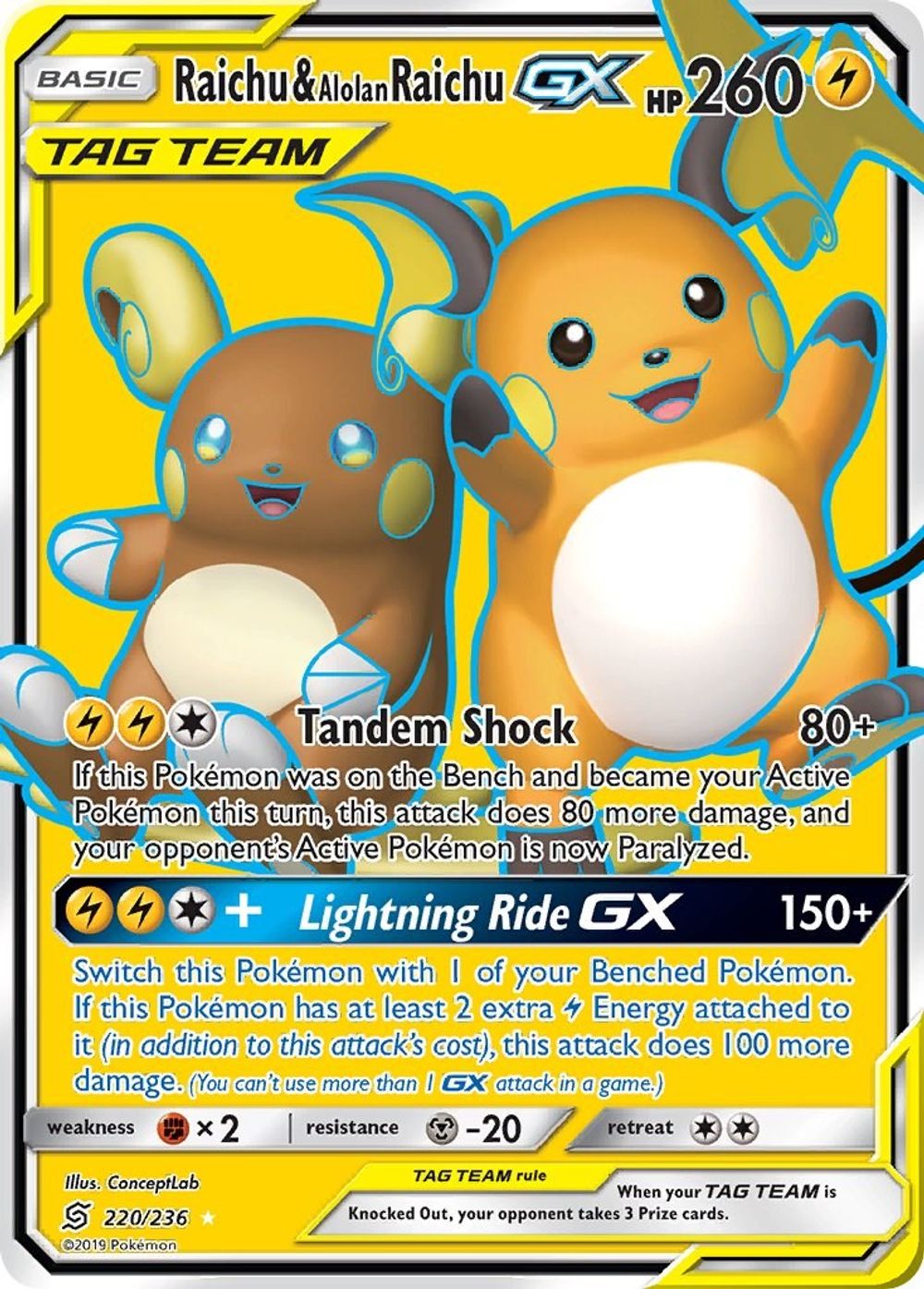 Raichu & Alolan Raichu GX (Full Art) — SM - Unified Minds