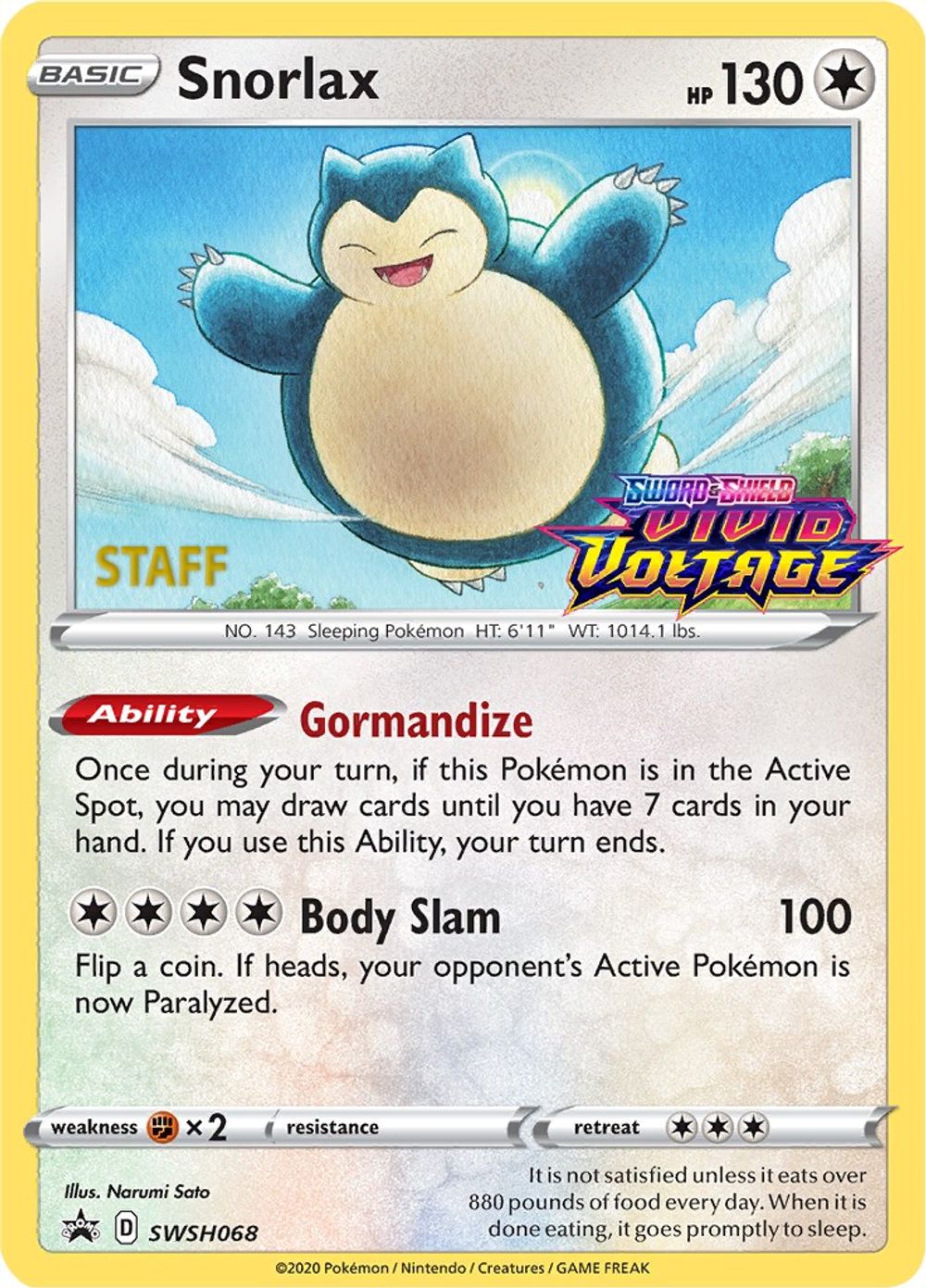 Snorlax - SWSH068 (Prerelease) [Staff] — SWSH: Sword & Shield Promo Cards
