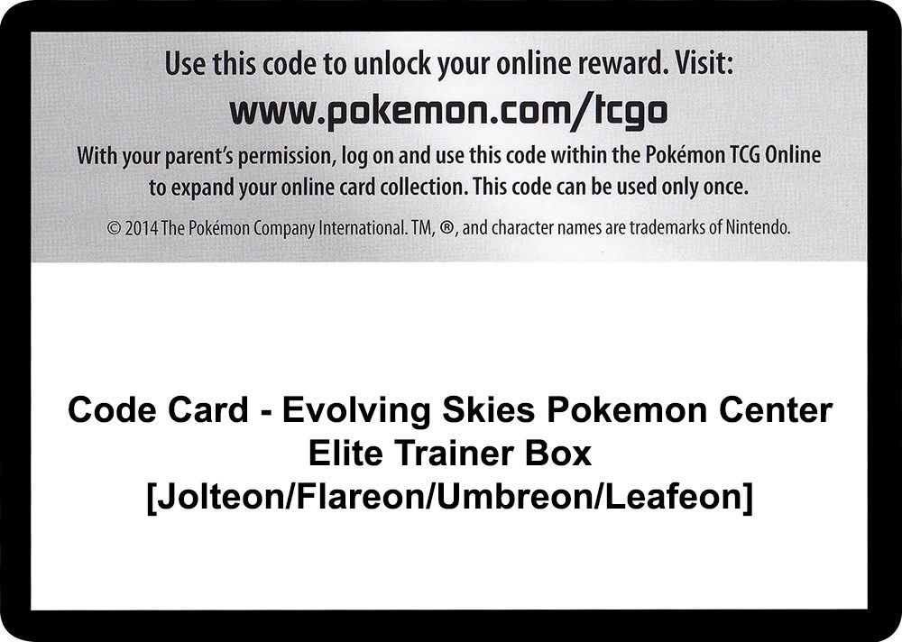 Code Card - Evolving Skies Pokemon Center Elite Trainer Box [Jolteon/Flareon/Umbreon/Leafeon] — SWSH07: Evolving Skies