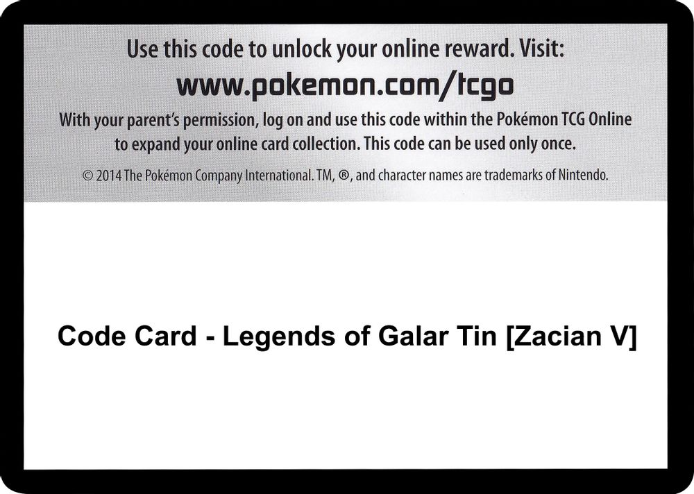 Code Card - Legends of Galar Tin [Zacian V] — SWSH02: Rebel Clash