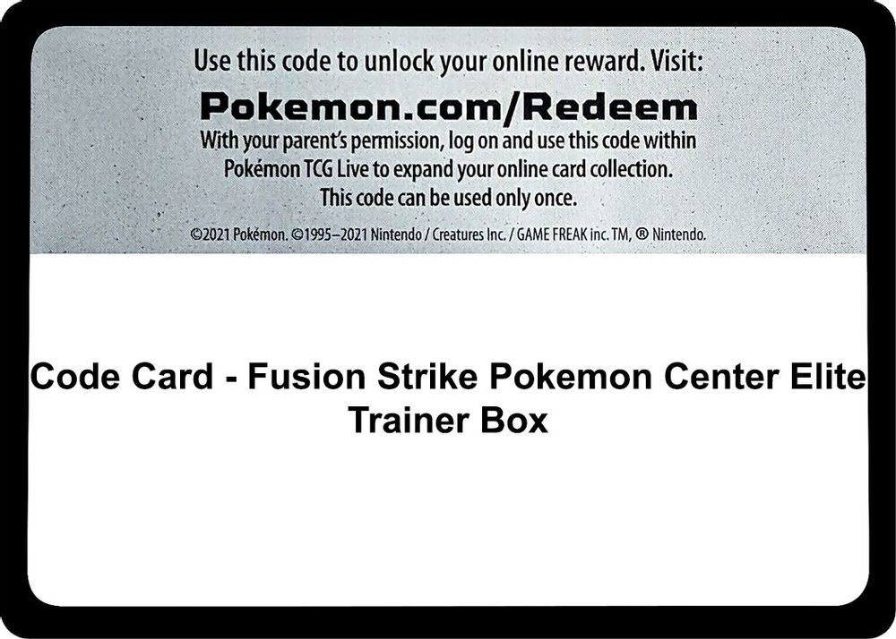Code Card - Fusion Strike Pokemon Center Elite Trainer Box — SWSH08: Fusion Strike