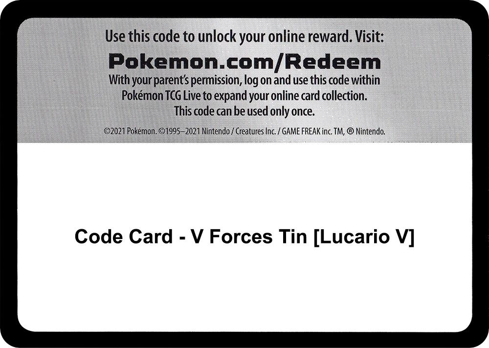 Code Card - V Forces Tin [Lucario V] — Miscellaneous Cards & Products