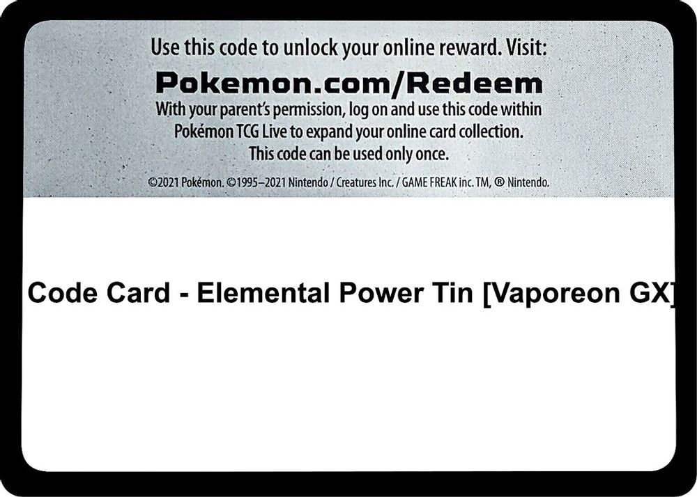 Code Card - Elemental Power Tin [Vaporeon GX] — Miscellaneous Cards & Products