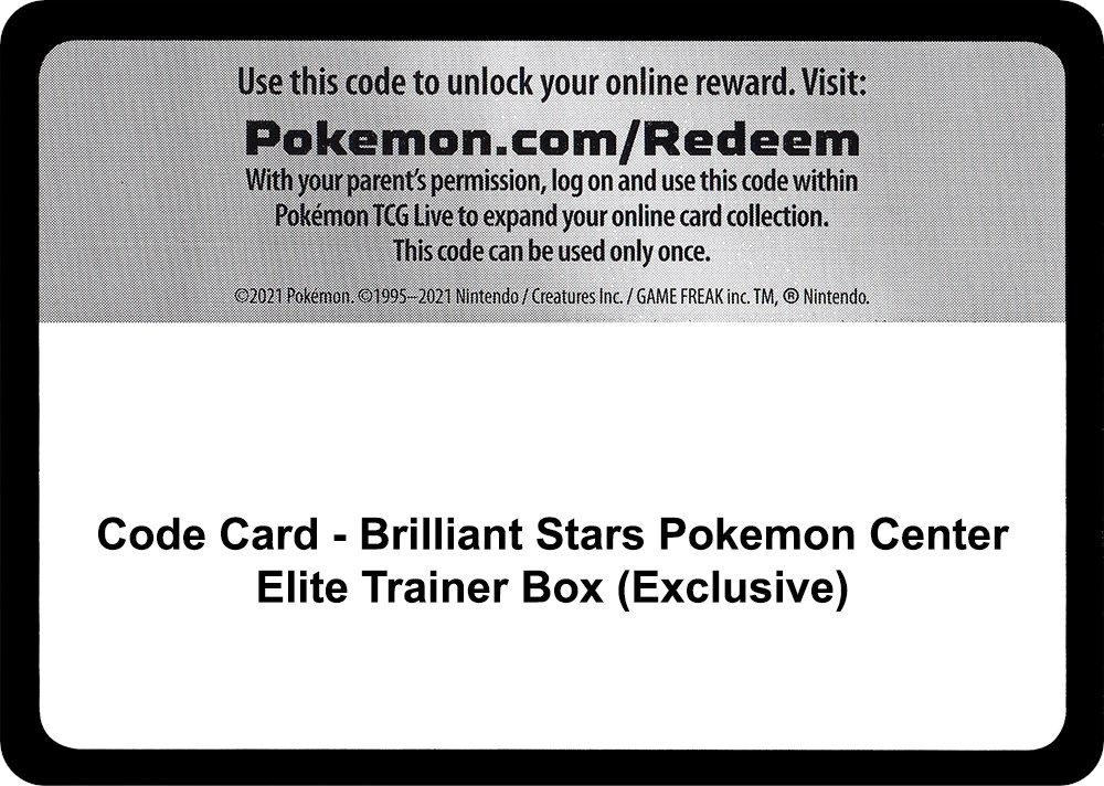 Code Card - Brilliant Stars Pokemon Center Elite Trainer Box (Exclusive) — SWSH09: Brilliant Stars