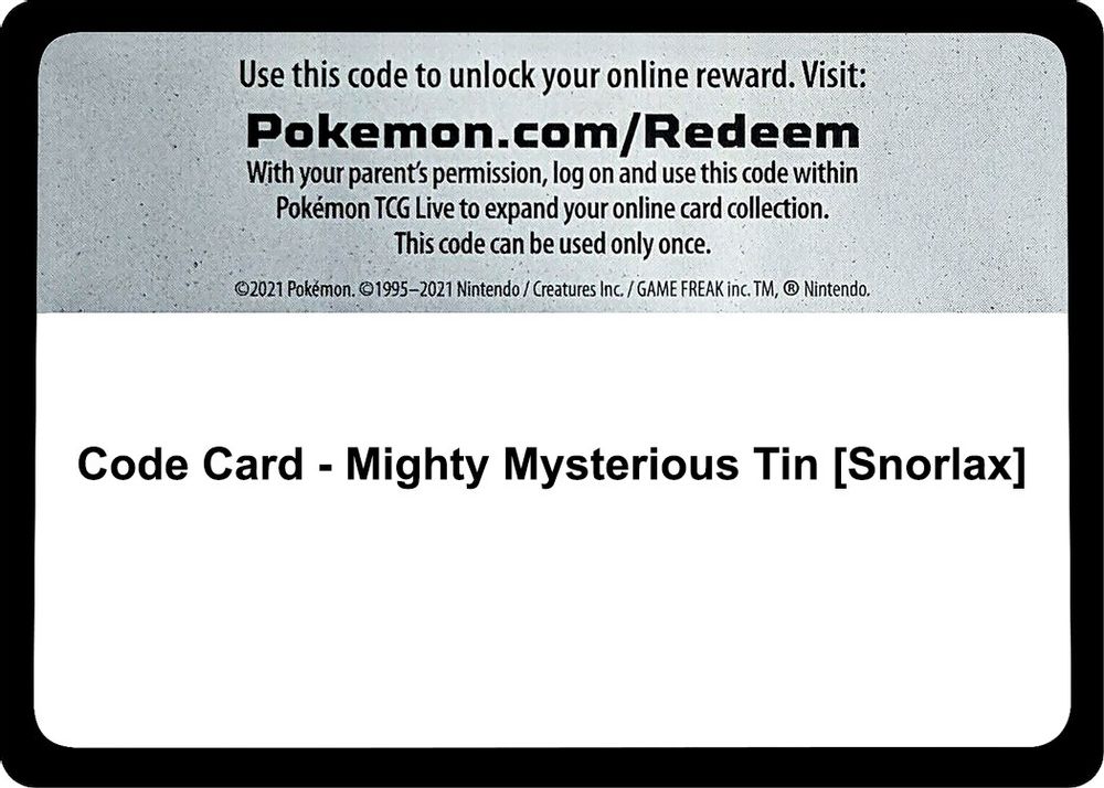 Code Card - Mighty Mysterious Tin [Snorlax] — Miscellaneous Cards & Products