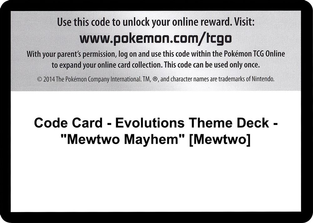 Code Card - Evolutions Theme Deck - "Mewtwo Mayhem" [Mewtwo] — XY - Evolutions