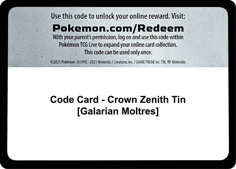 Code Card - Crown Zenith Tin [Galarian Moltres] — SWSH: Crown Zenith