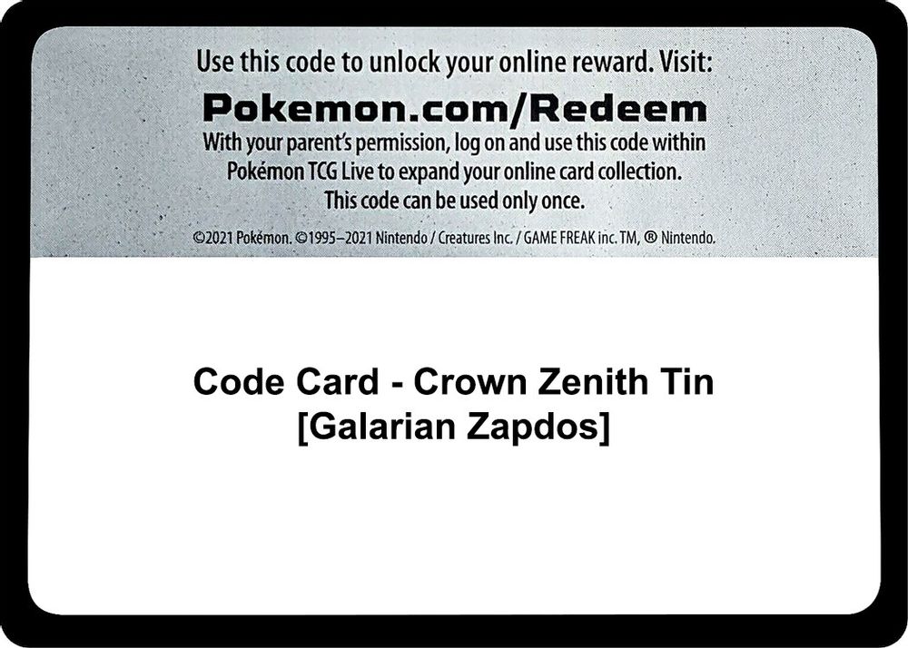 Code Card - Crown Zenith Tin [Galarian Zapdos] — SWSH: Crown Zenith