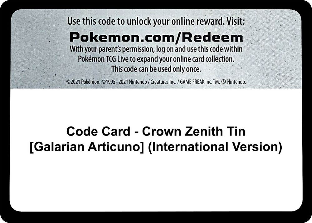Code Card - Crown Zenith Tin [Galarian Articuno] (International Version) — SWSH: Crown Zenith