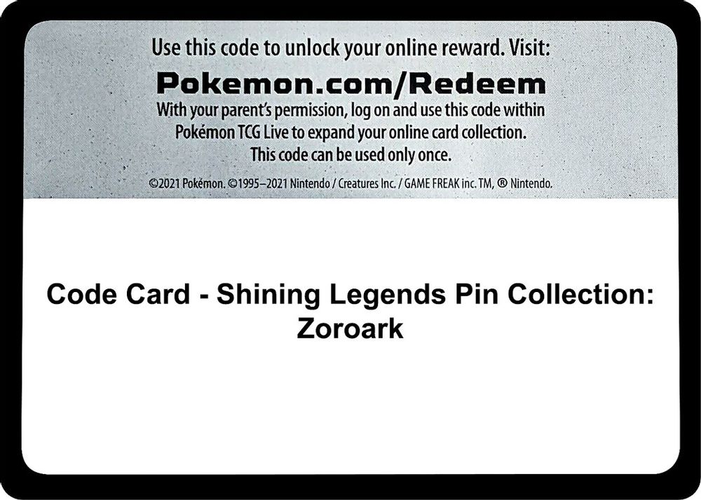 Code Card - Shining Legends Pin Collection: Zoroark — Shining Legends