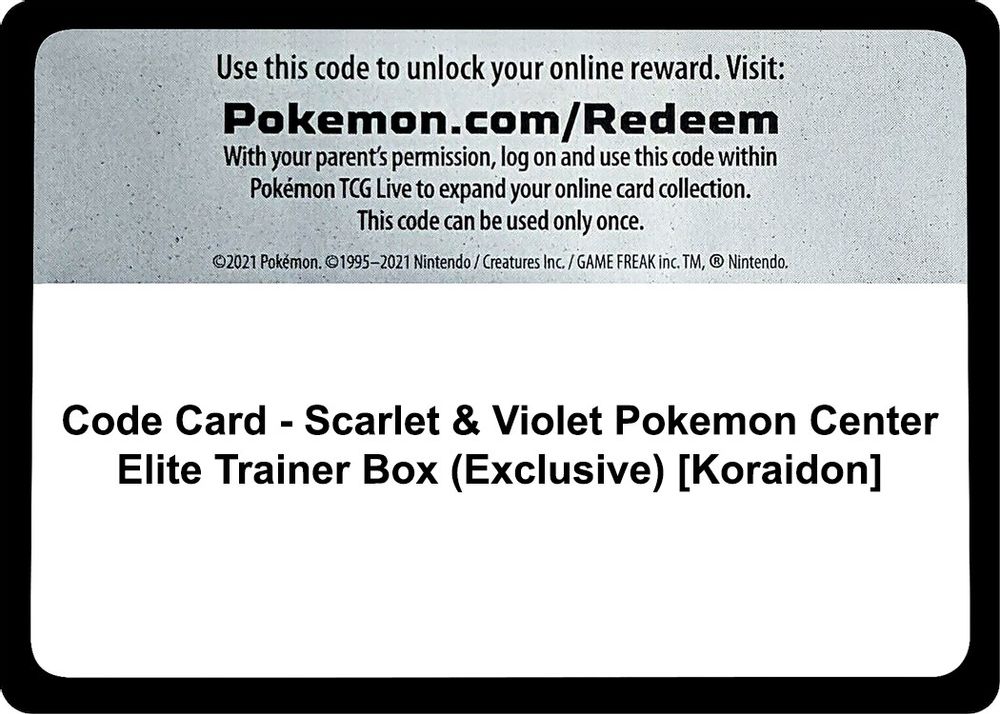 Code Card - Scarlet & Violet Pokemon Center Elite Trainer Box (Exclusive) [Koraidon] — SV01: Scarlet & Violet Base Set