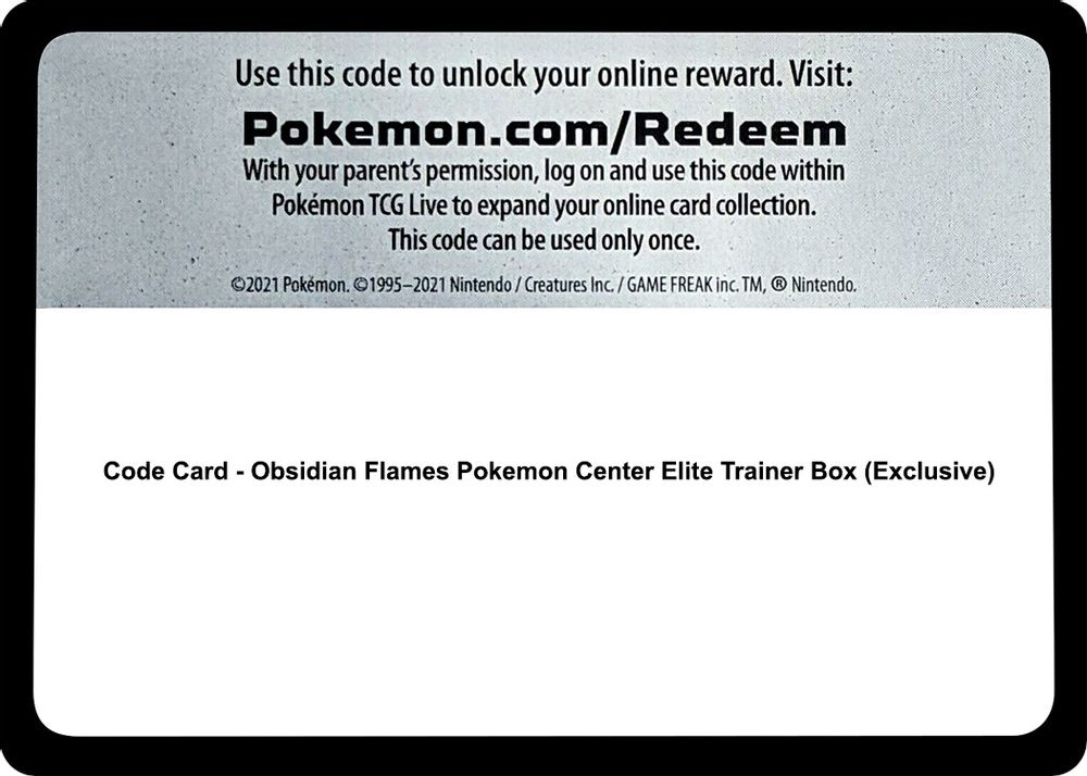 Code Card - Obsidian Flames Pokemon Center Elite Trainer Box (Exclusive) — SV03: Obsidian Flames