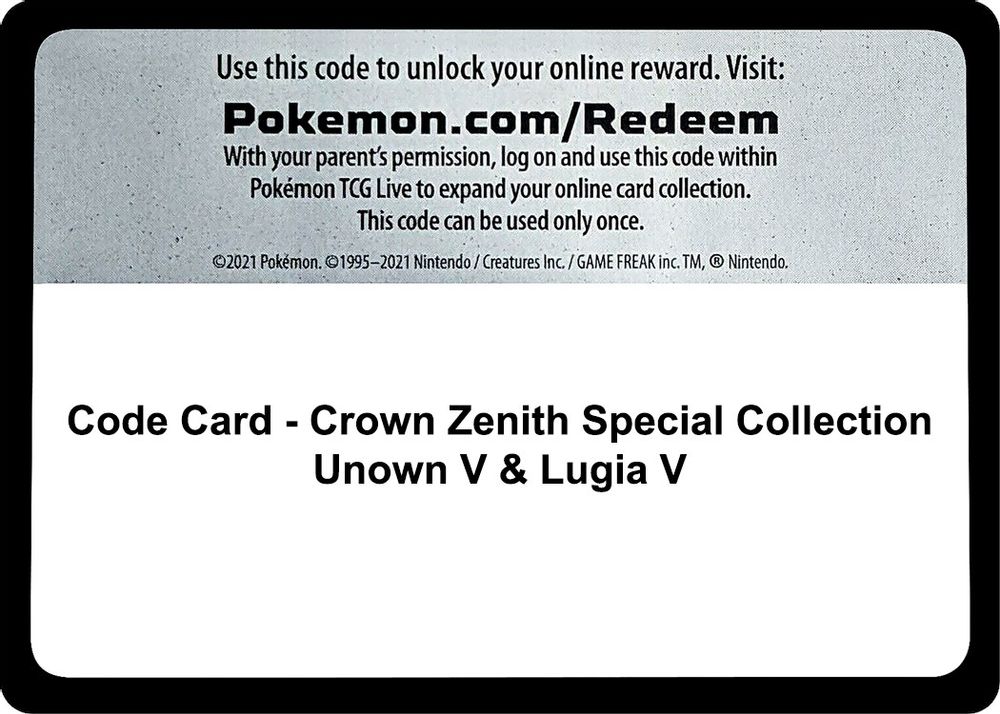 Code Card - Crown Zenith Special Collection [Unown V & Lugia V] — SWSH: Crown Zenith