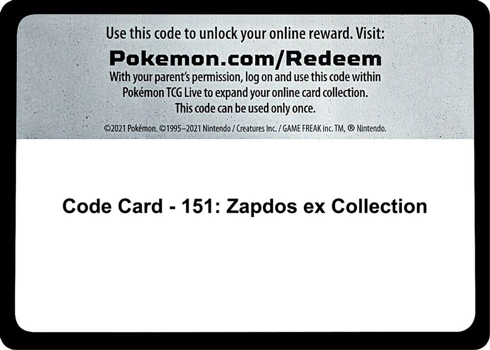 Code Card - 151: Zapdos ex Collection — SV: Scarlet & Violet 151