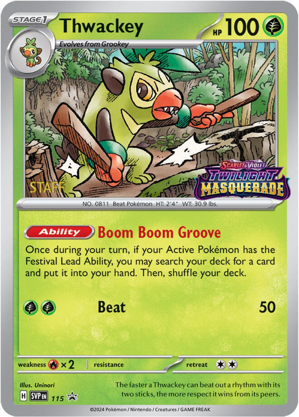 Thwackey - 115 (Prerelease) [Staff] — SV: Scarlet & Violet Promo Cards