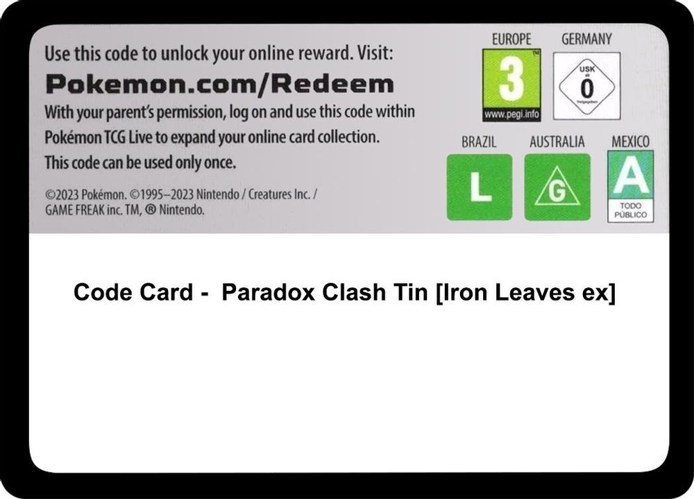 Code Card - Paradox Clash Tin [Iron Leaves ex] — Miscellaneous Cards & Products