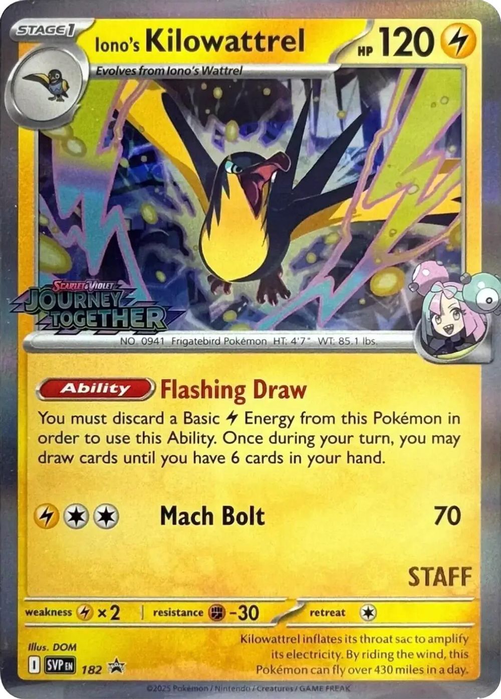 Iono's Kilowattrel - 182 (Prerelease) [Staff] — SV: Scarlet & Violet Promo Cards