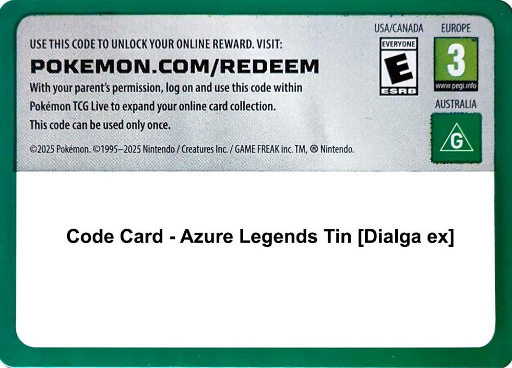 Code Card - Azure Legends Tin [Dialga ex] — Miscellaneous Cards & Products