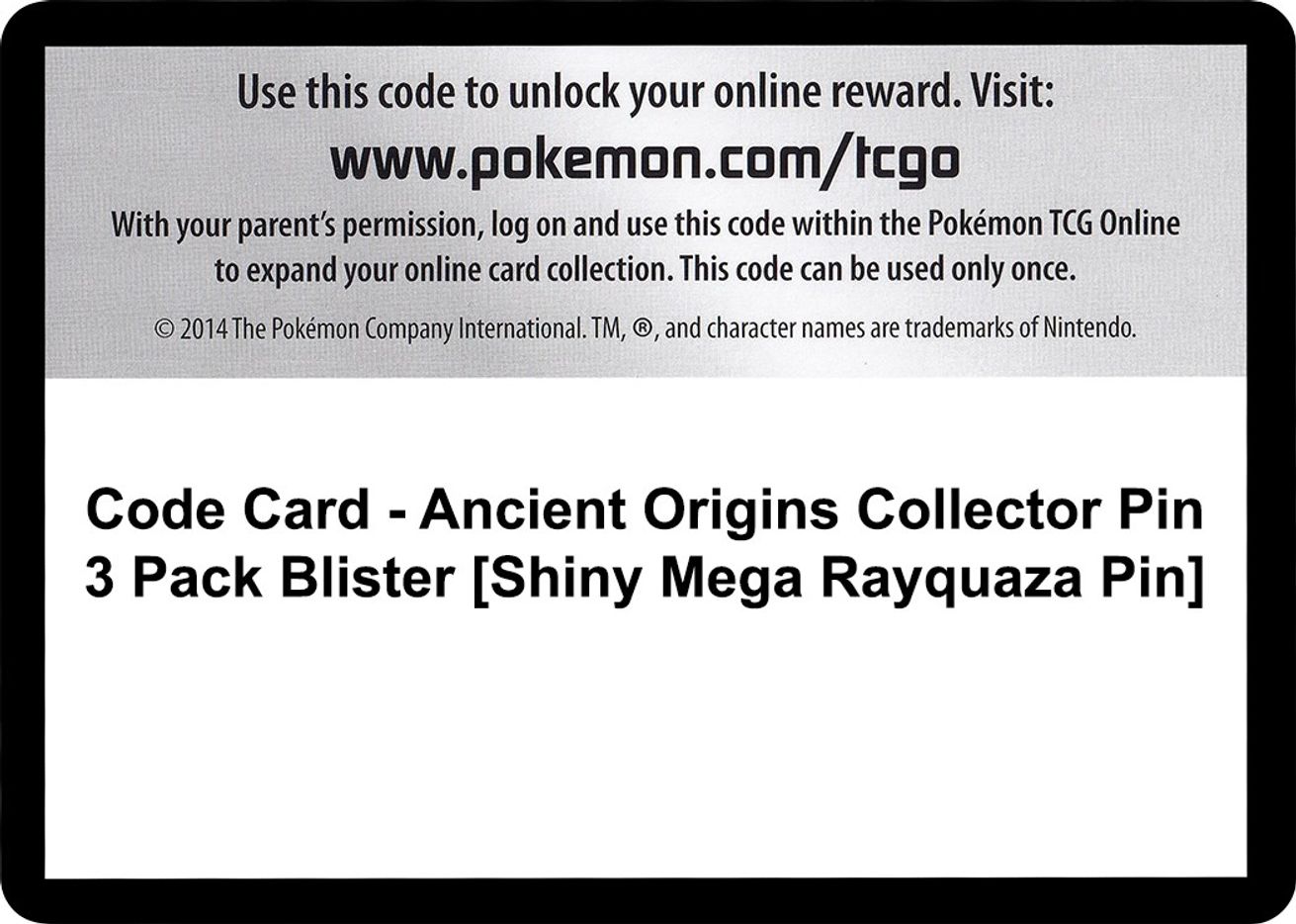 Code Card Ancient Origins Collector Pin 3 Pack Blister Shiny Mega Rayquaza Pin Xy