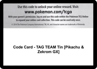 Code Card - TAG TEAM Tin [Pikachu & Zekrom GX]