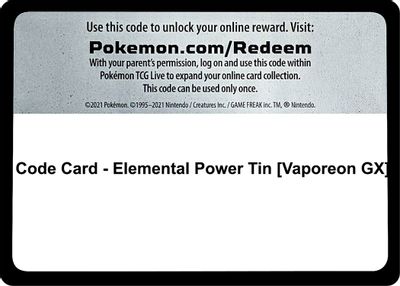 Code Card - Elemental Power Tin [Vaporeon GX]