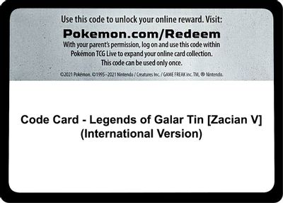 Code Card - Legends of Galar Tin [Zacian V] (International Version)
