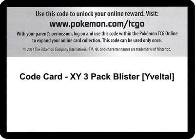 Code Card - XY 3 Pack Blister [Yveltal]