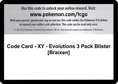 Code Card - XY - Evolutions 3 Pack Blister [Braixen]