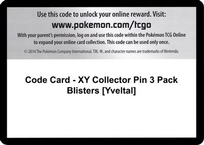 Code Card - XY Collector Pin 3 Pack Blisters [Yveltal]