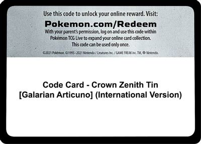 Code Card - Crown Zenith Tin [Galarian Articuno] (International Version)