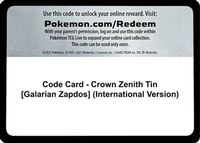 Code Card - Crown Zenith Tin [Galarian Zapdos] (International Version)