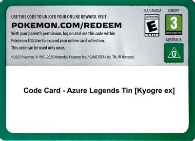 Code Card - Azure Legends Tin [Kyogre ex]