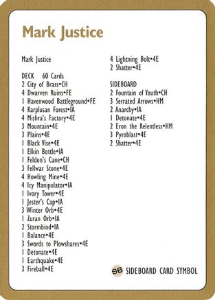1996 Mark Justice Decklist Card
