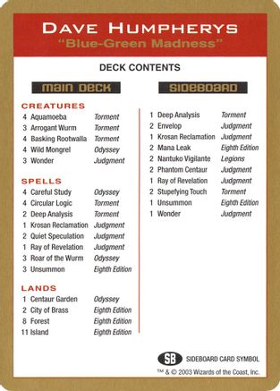 2003 Dave Humpherys Decklist Card