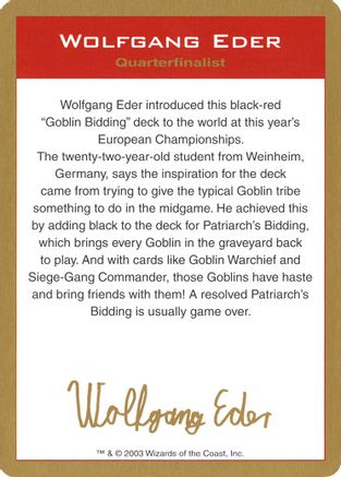 2003 Wolfgang Eder Biography Card