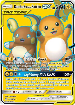 Full Art Ultra Rare NM-Mint Po 1x Raichu & Alolan Raichu Tag Team GX 220/236 