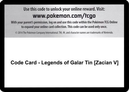 Code Card - Legends of Galar Tin [Zacian V]  Rebel Clash Pokémon card