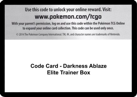 Code Card - Darkness Ablaze Elite Trainer Box  Darkness Ablaze Pokémon card