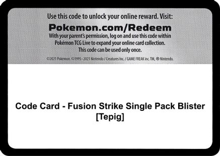 Code Card - Fusion Strike Single Pack Blister [Tepig]  Fusion Strike Pokémon card