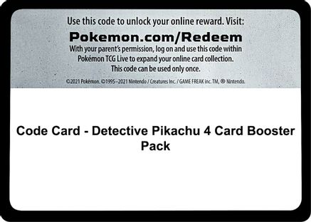 Code Card - Detective Pikachu 4 Card Booster Pack  Detective Pikachu Pokémon card