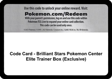 Code Card - Brilliant Stars Pokemon Center Elite Trainer Box (Exclusive)  Brilliant Stars Pokémon card