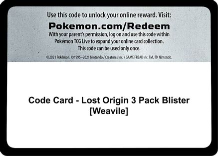 Code Card - Lost Origin 3 Pack Blister [Weavile]  Lost Origin Pokémon card