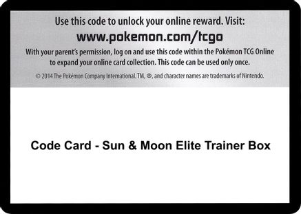 Code Card - Sun & Moon Elite Trainer Box  Sun & Moon Pokémon card