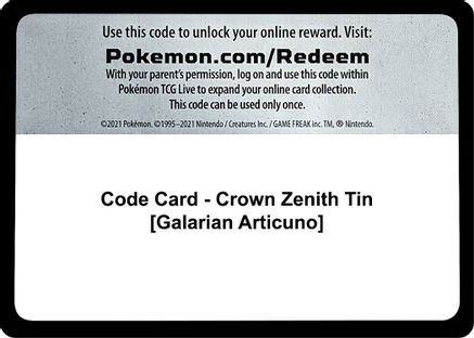 Code Card - Crown Zenith Tin [Galarian Articuno]  Crown Zenith Pokémon card