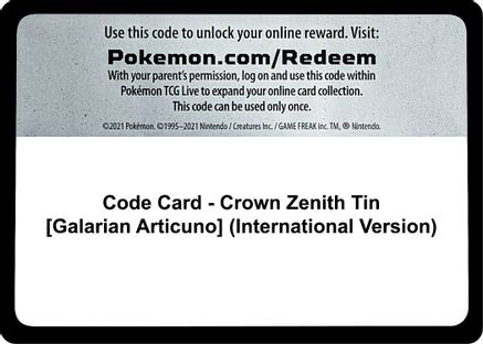 Code Card - Crown Zenith Tin [Galarian Articuno] (International Version)  Crown Zenith Pokémon card