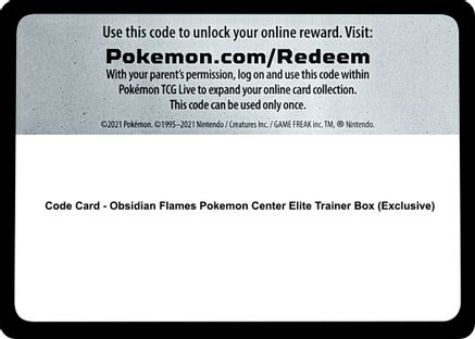 Code Card - Obsidian Flames Pokemon Center Elite Trainer Box (Exclusive)  Obsidian Flames Pokémon card